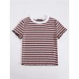 Romwe- Contrast Neck Lettuce Edge Striped Tee For Cheap