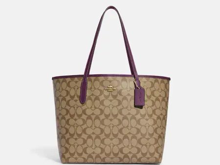 Coach- City Tote In Signature Canvas (Im Khaki Boysenberry) For Sale