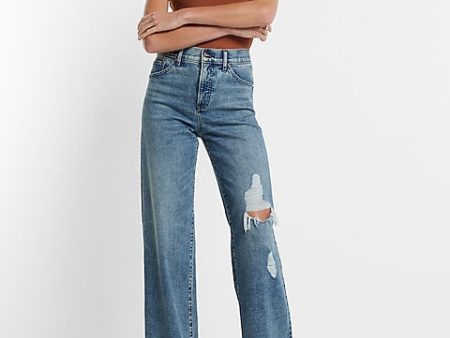 Express- High Waisted Medium Wash Ripped Wide Leg Jeans - Medium Wash 20 Cheap