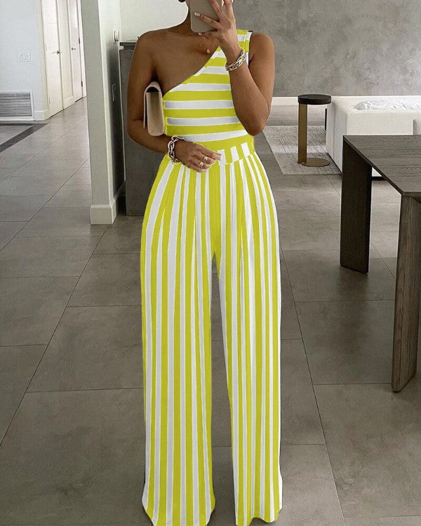 Chicme- One Shoulder Striped Colorblock Jumpsuit Online now