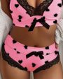 Chicme- Heart Print Bowknot Decor Contrast Lace Bra Sets Online Sale