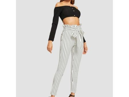 Romwe- Frill Trim Bow Tie Waist Striped Pants Online