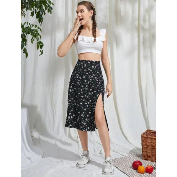 Romwe- Ditsy Floral Split Skirt Online Sale