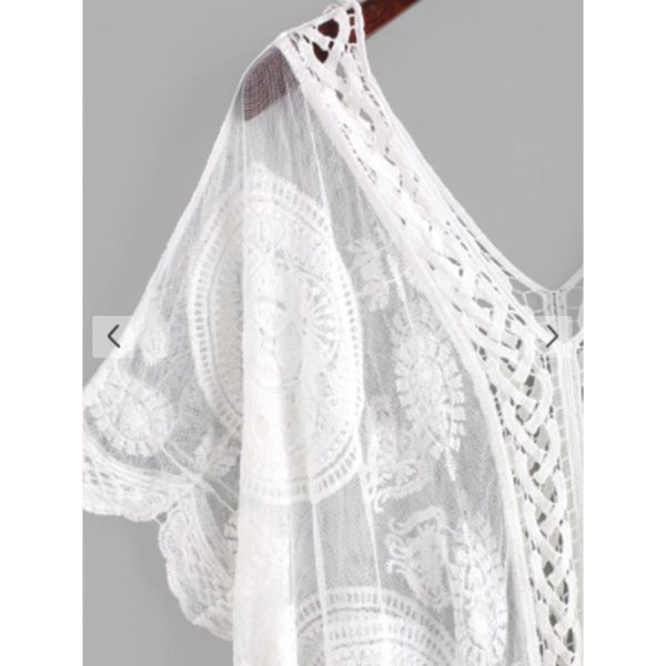 Zaful- Embroidered Sheer Mesh Kaftan Dress - White For Sale