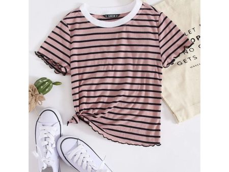 Romwe- Contrast Neck Lettuce Edge Striped Tee For Cheap