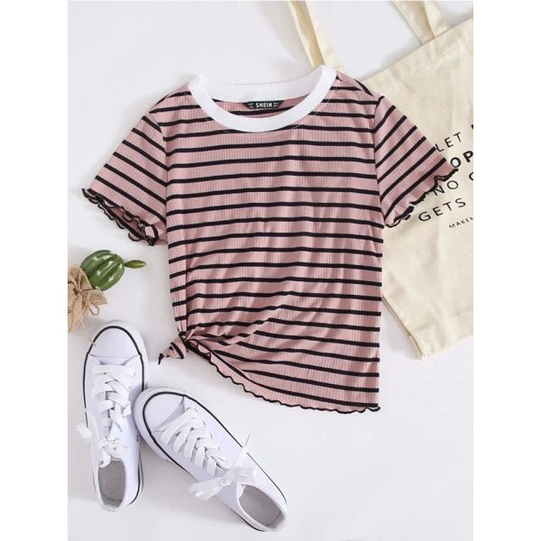 Romwe- Contrast Neck Lettuce Edge Striped Tee For Cheap