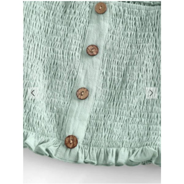 Zaful- Smocked Ruffle Puff Sleeve Mock Button Blouse - Light Green Online Sale