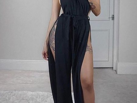 Chicme- Sleeveless Ruched Slit Jumpsuit (BLACK) Discount