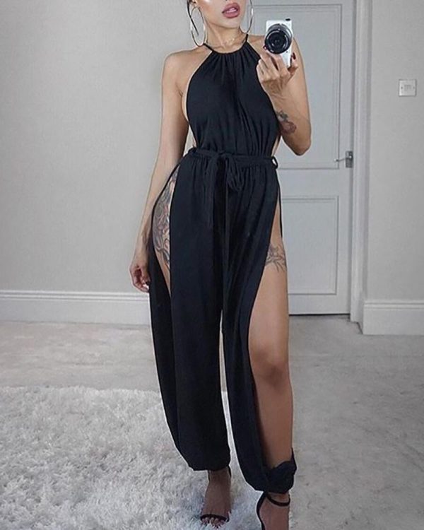 Chicme- Sleeveless Ruched Slit Jumpsuit (BLACK) Discount