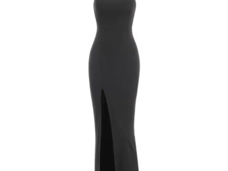 Zaful- Spaghetti Strap Thigh Split Slinky Maxi Dress - Black Discount