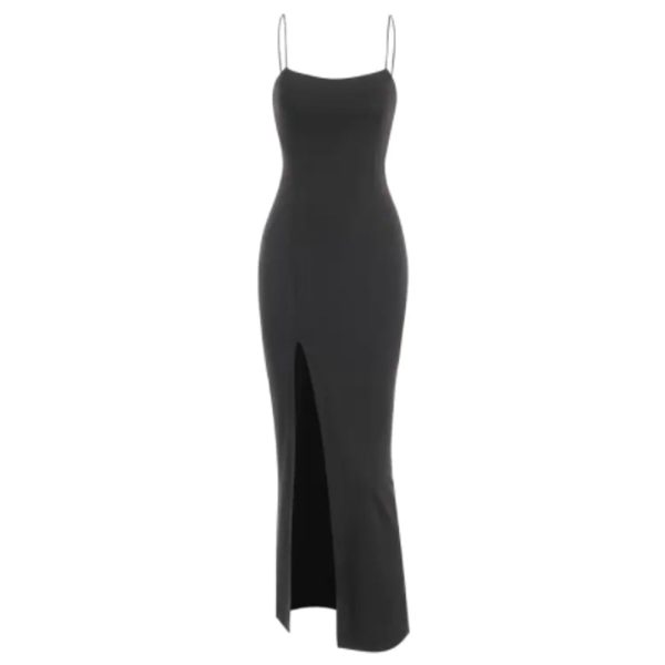 Zaful- Spaghetti Strap Thigh Split Slinky Maxi Dress - Black Discount