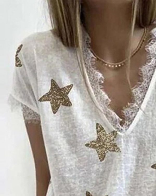 Chicme- Star Print Eyelash Lace Trim Top Online Hot Sale