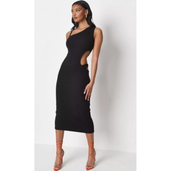 Missguided- Black Rib Cut Out Thong Detail Midaxi Dress Sale